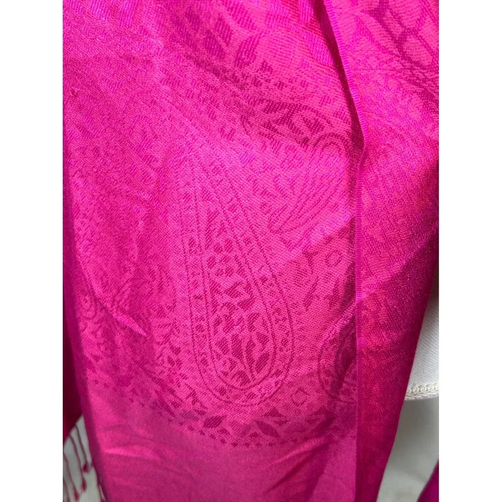 Pashmina Silk Blend Scarf Fuchsia Pink Paisley Jacquard Fringe Wrap Shawl